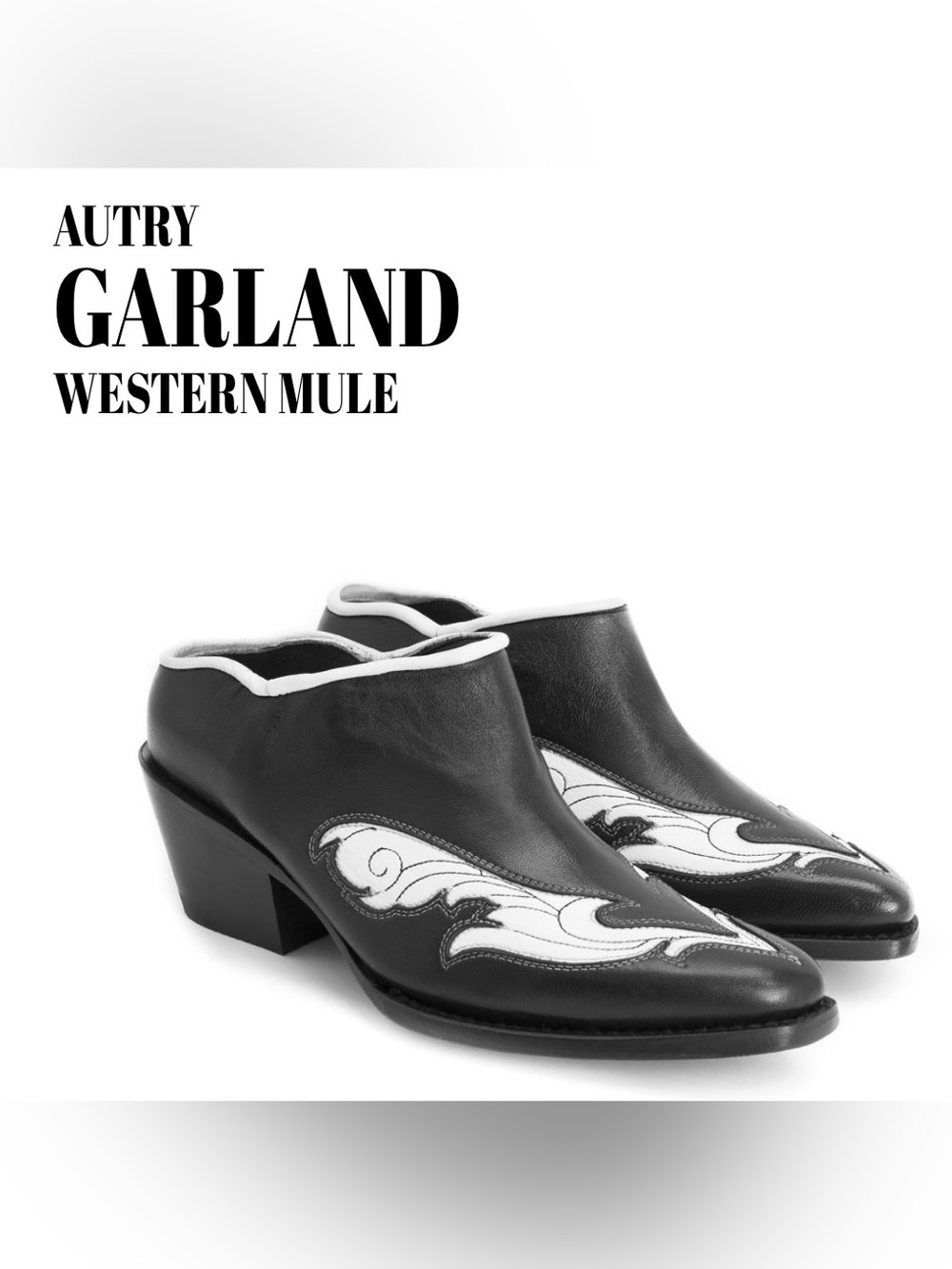 Fluevog NEW WO BOX Autry Garland black/white heeled western mule w/ applique-7.5